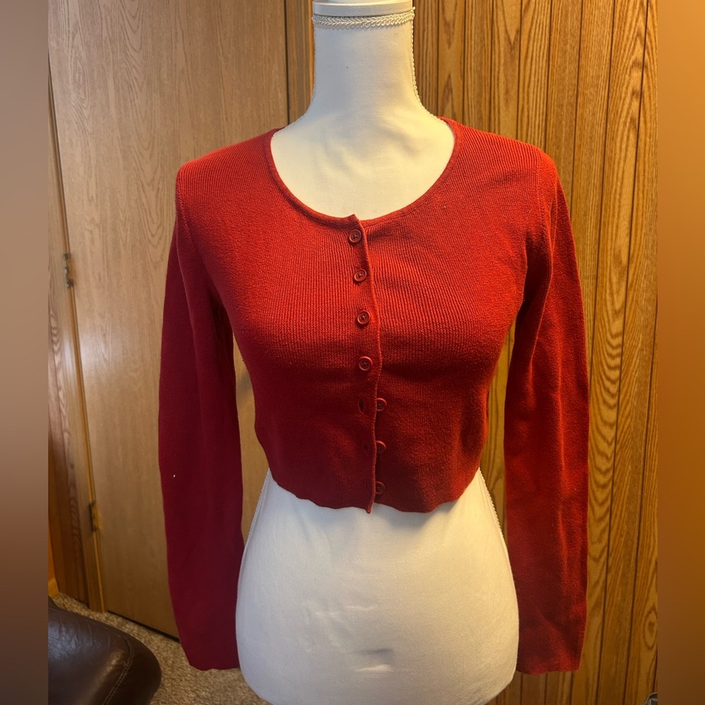Red Button-Up Cropped Cardigan